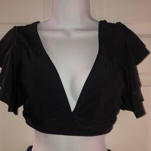 Black Flutter Sleeve Crop Top with Ruffles